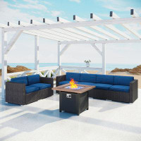 Lark Manor 7-piece 34" 50,000btu Wood-look Gas Fire Pit Table & Patio Rattan Wicker Sectional Sofa With Cushion