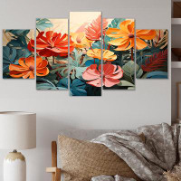 Design Art Orange Green Tropical Plants V - Tropical Canvas Wall Art - 5 Panels