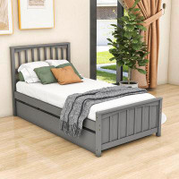Harriet Bee Twin Size Wooden Platform Bed with Trundle