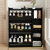 Mercer41 Modern Slim Shoe Cabinet with Flip Drawers & Open Shelves