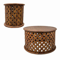 Abrahams 2 Piece Farmhouse Round Cut Out Design Coffee Table And Side End Table Set