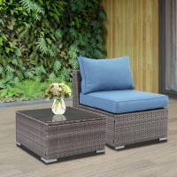 Ebern Designs 2-piece Blue Brown Rattan Wicker Patio Sofa Couches With End Table - Outdoor Furniture
