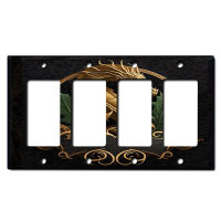 WorldAcc Metal Light Switch Plate Outlet Cover (Rustic Golden Dragon Crest  - Quadruple Rocker)