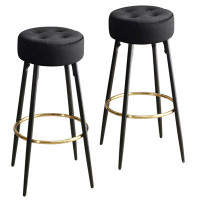 Everly Quinn Bar Stools, Black Upholstered Leather, Gold Coloured Metal Bracket High Stools, Set Of Two Bar Stools, Suit