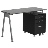 Ebern Designs Jauss Computer Desk with Tempered Glass Top and Three Drawer Pedestal