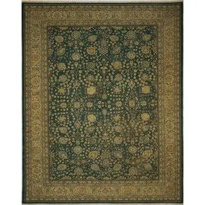 Isabelline One-of-a-Kind Carlotta Hand-Knotted Green/Gold 9'1" x 11'8" Wool Area Rug