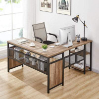17 Stories L Shaped Computer Desk, Industrial Office Desk with Shelves, Reversible Wood and Metal Corner