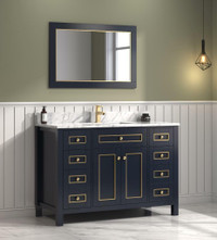 36, 48, 60 & 72 Blue with Gold Accents Bathroom Vanity w Carrara White Marble (Dovetail Drawer)(Light Oak & White Avail)