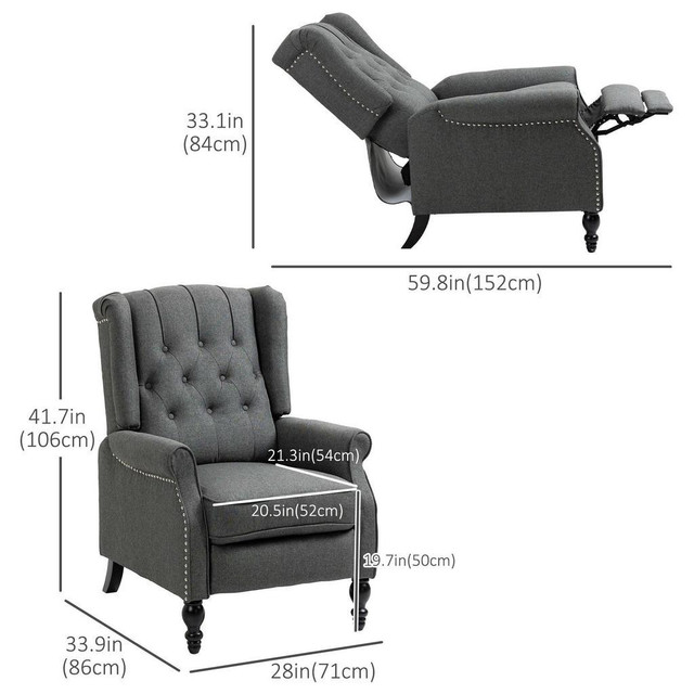 WINGBACK RECLINING CHAIR WITH FOOTREST, BUTTON TUFTED RECLINER CHAIR WITH ROLLED ARMRESTS FOR LIVING ROOM, DARK GREY in Chairs & Recliners - Image 3