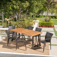 Union Rustic Lilley Outdoor Wood Wicker 7 Piece Dining Set