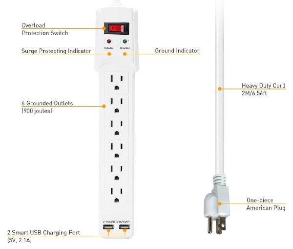 6-Outlet Surge Protector Power Strip with 2 USB Ports, 2m (6.56ft) - 900J - White in General Electronics - Image 3