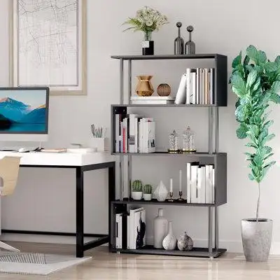 Brayden Studio Modern S-Shaped 5 Tier Room Dividing Bookcase Wooden Storage Display Stand Shelf - Black