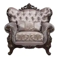 HomeRoots 46" Light Grey Fabric And Antique Oak Floral Tufted Arm Chair