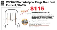 WP9760774  Whirlpool Range Oven Broil Element, 3240W