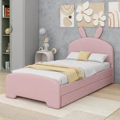 Zoomie Kids Twin Size Upholstered Platform Bed With Cartoon Ears Shaped Headboard