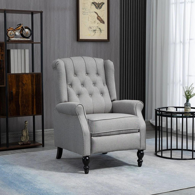 WINGBACK RECLINING CHAIR WITH FOOTREST, BUTTON TUFTED RECLINER CHAIR WITH ROLLED ARMRESTS FOR LIVING ROOM, LIGHT GREY in Chairs & Recliners