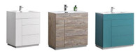 36 Inch High Gloss White, Teal Green or Natural Wood Vanity w Acrylic Countertop D=18.5 Inch ( Also in 30, 48 or 60 )