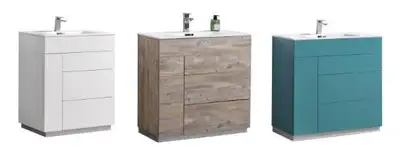 36 Inch High Gloss White, Teal Green or Natural Wood Vanity w Acrylic Countertop D=18.5 Inch ( Also...
