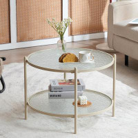 Mercer41 25.6" Round Coffee Tables For Living Room, 2-Tier Glass Top Coffee Table, Clear-Matte Black
