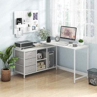 Ebern Designs Ebern Designs L-shaped Computer Desk With Power Outlet, Fabric Drawers, Metal Mesh Shelves White