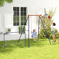 KIDS SWING OUTDOOR WITH SWING SEAT, BASKETBALL HOOP AND FOOTBALL GOAL, GROUND STAKES FOR 3-8 YEARS OLD