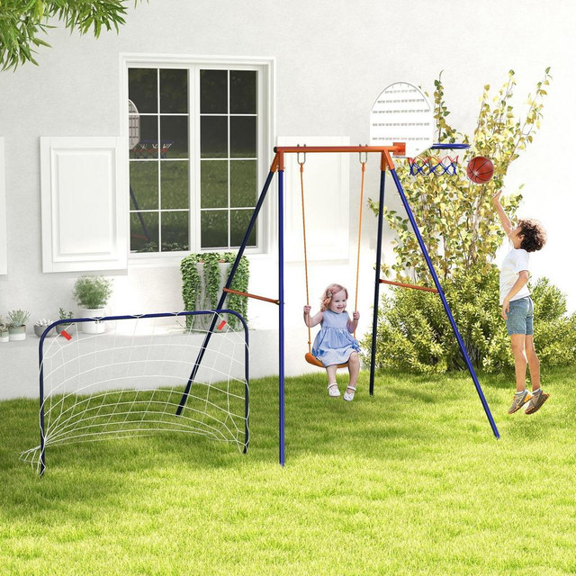 KIDS SWING OUTDOOR WITH SWING SEAT, BASKETBALL HOOP AND FOOTBALL GOAL, GROUND STAKES FOR 3-8 YEARS OLD in Toys & Games