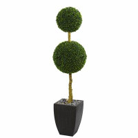 Orren Ellis 5ft. Double Ball Boxwood Topiary Artificial Tree in Black Wash Planter UV Resistant (Indoor/Outdoor)