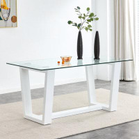 Wrought Studio Glass Dining Table Large Modern Minimalist Rectangular For 6-8 With 0.4" Tempered Glass Tabletop And Whit