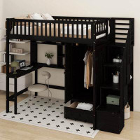 Harriet Bee Twin Size Loft Bed With Bookshelf, Drawers, Desk And Wardrobe