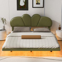 Ivy Bronx Queen Size Upholstery LED Floating Bed With PU Leather Headboard And Support Legs