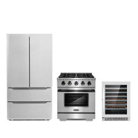 Cosmo 3 Piece Kitchen Package With 30" Freestanding Gas Range With Custom Handle And Knob Kit 36" French Door Refrigerat