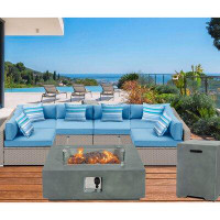 Rosecliff Heights Outdoor sectional 8-piece warm grey wicker sofa patio furniture set w 50,000 btu rectangle fire pit ta