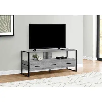 Latitude Run® Tv Stand 3 Storage Drawers Open Shelf Brown Reclaimed Wood Look