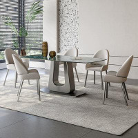 Wrought Studio 70.87" Stone + Stainless Steel Rectangular Dining Table