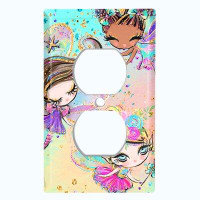 WorldAcc Metal Light Switch Plate Outlet Cover (Three Fairy Princesses Teal Pink  - Single Duplex)