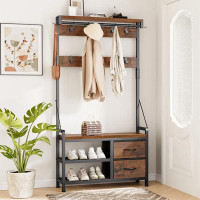 17 Stories 5 In 1  Shoe Bench and Wall Rack 17 Hooks and Drawers ,Brown_70.86" H x 31.5" W x 11.8" D