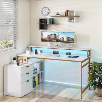 Inbox Zero Novelty 55" L-Shape Wood Computer Table with Shelves & 3-File Drawers