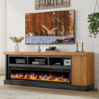 Wade Logan Yowell 75" Fireplace Tv Stand With 60" Glass Electric Fireplace, Colour Contrast Farmhouse Entertainment Cent