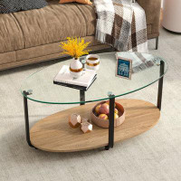 Ebern Designs 37 In. L X 20 In. W Oval Coffee Table Tempered Glass Table Top, Iron Frame