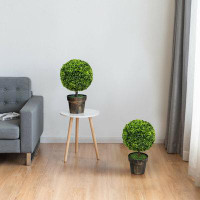 Primrue 2- Pieces 22 In. Indoor Outdoor Decorative Artificial Boxwood Topiary Ball Tree, Faux Fake Tree Plant