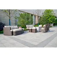 Moda Furnishings Onew 7-Piece Gas Fire Pit Table Set, A Sofa, 4 Chairs And 2 Ottomans And A Sun Lounge Set