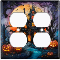WorldAcc Metal Light Switch Plate Outlet Cover (Halloween Spooky Pumpkin Manor - Double Duplex)