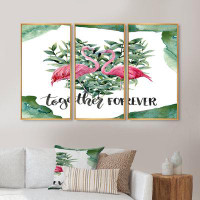 Bayou Breeze Flamingo Floral Heart With Eucalyptus Leaves - Traditional Framed Canvas Wall Art Set Of 3