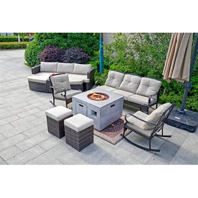 Winston Porter Leaf 6-Piece Gas Fire Pit Table Set, A Sofa, 2 Rocking Chairs,  2 Ottomans And A Sun Lounge Set in BBQs & Outdoor Cooking