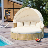Bungalow Rose Patio Furniture Round Outdoor Sectional Sofa Set Rattan Daybed Two-Tone Weave Sunbed With Retractable Cano