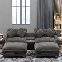 Hokku Designs Upholstered Sofa With Two Removable Ottoman, Two Usb Ports, Two Cup Holders And Large Storage Box