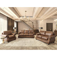 Sunset Trading Sunset Trading Charleston 3 Piece Top Grain Leather Living Room Set | Chestnut Brown Rolled Arm Sofa Love