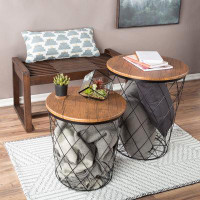 17 Stories 17 Storeys End Table With Storage Round Wire Basket Base With Diamond Pattern And Wood Tops Nesting Tables ,