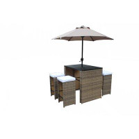 Latitude Run® 6 Piece Wicker Rattan Outdoor Bar Set With Umbrella In Tan Rattan Beige Cushion