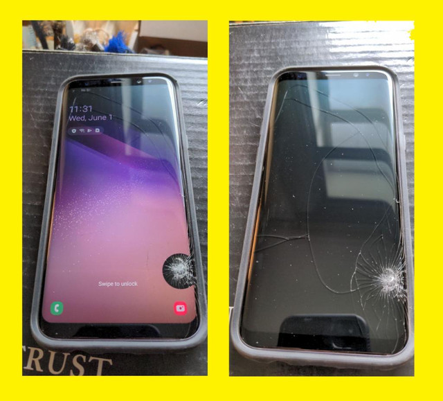 FULLY WORKING WITH A CRACKED GLASS VITRE FISSUREE MAIS 100% FONCTIONELLE SAMSUNG GALAXY S8+ PLUS SM-G955W UNLOCKED in Cell Phones in City of Montréal